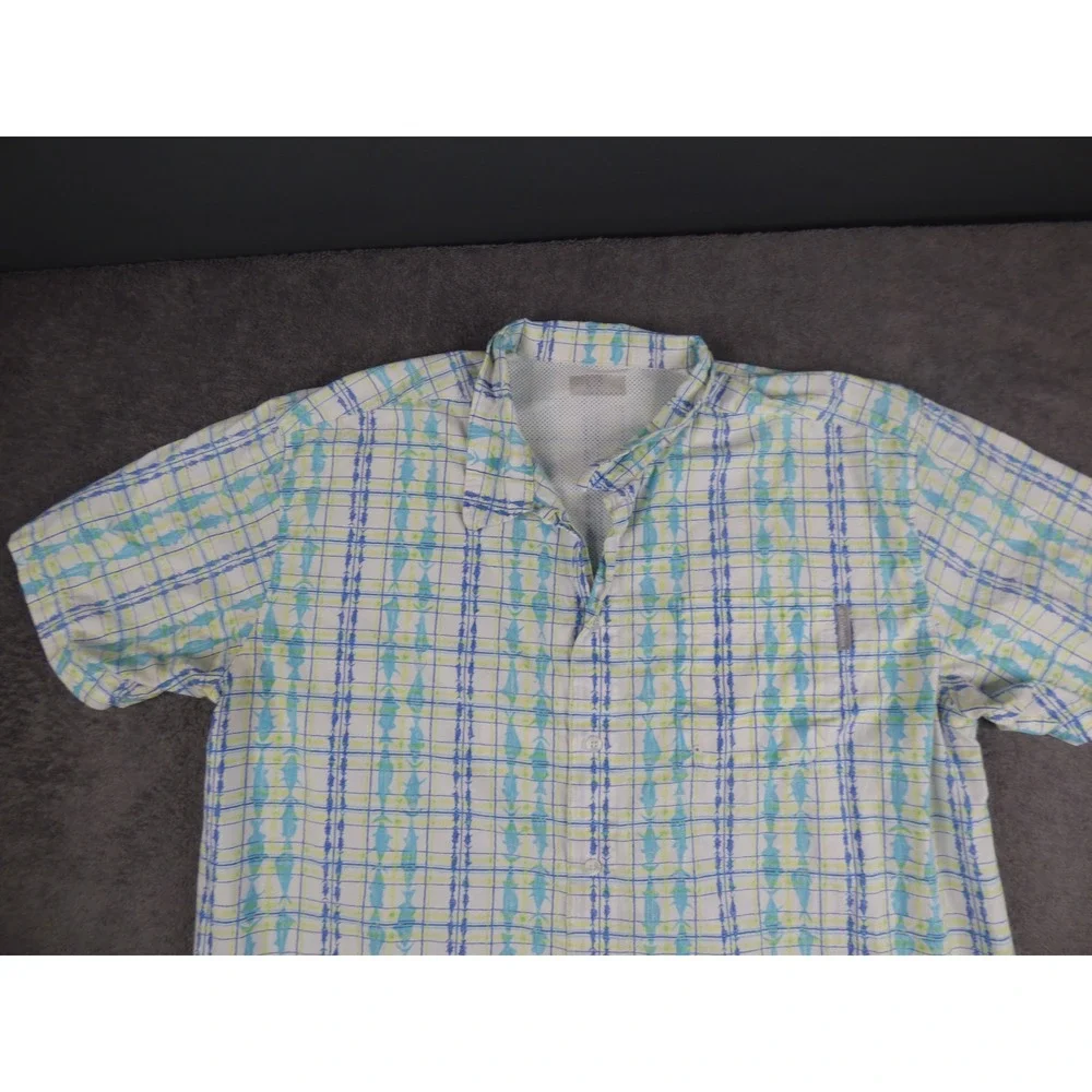 Columbia PFG Mens Blue Green Fish Print Short Sleeve Button Down Shirt XL - Picture 2 of 9